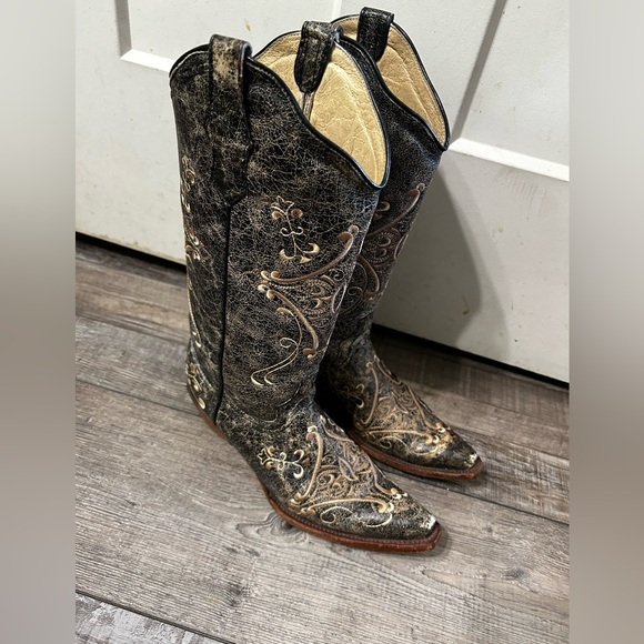 Circle G Swirl Snip Town Black/Brown Distressed Leather Embroidered Cowboy boot - Picture 4 of 13